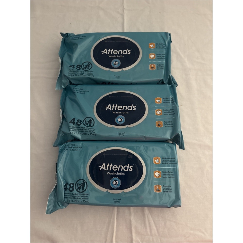 3 Packs Attends Scented Pre-Moistened Adult Washcloths 48 Wipes Per Pack WCU48